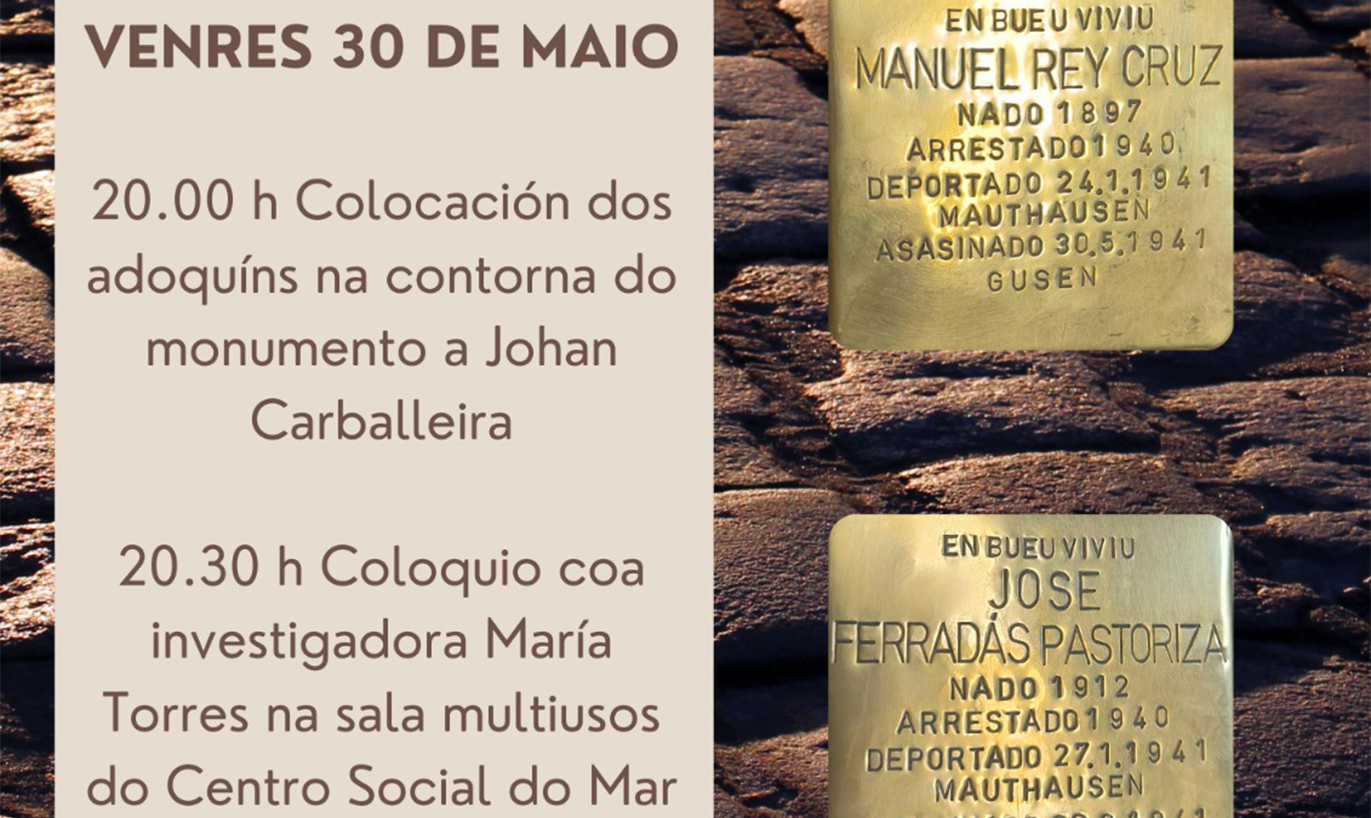 O concello de Bueu coloca os ‘stolpersteine’ e organiza un coloquio sobre a memoria dos galegos nos campos de concentración nazis